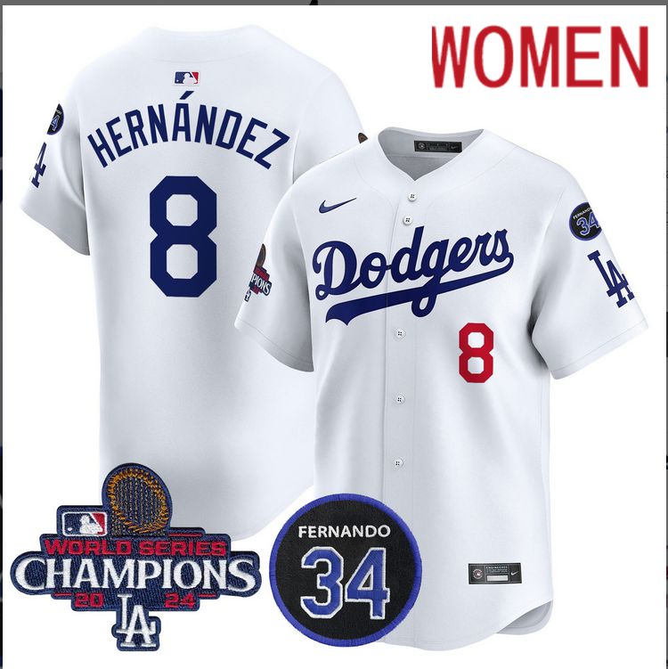 Women MLB Los Angeles Dodgers #8 Hernandez white 2024 World Series Champions Patch Limited Jersey style 2